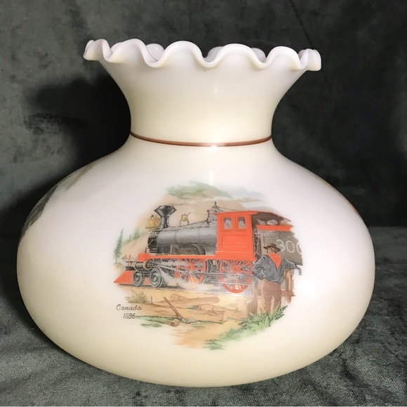 Vintage Lamp Shade Ruffled Milk Glass Train History Scenes 6.75” GWTW - Picture 16 of 16